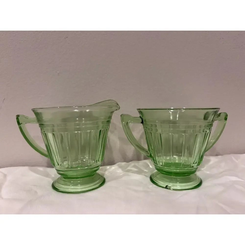 Vintage Green Depression Glass Creamer & Sugar Set | Hazel-Atlas Ribbon Pattern